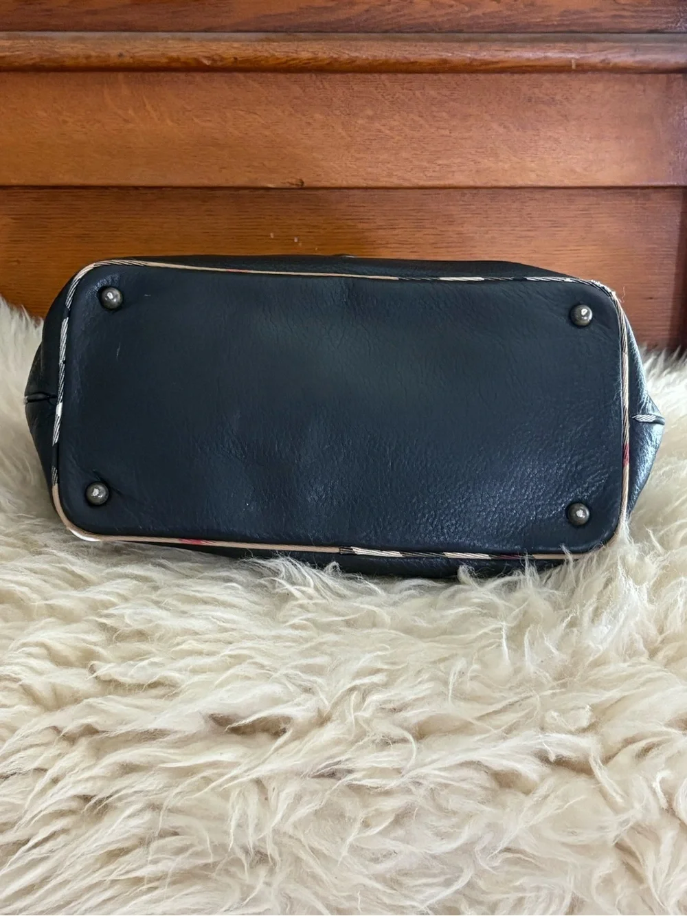 Burberry Black Pebble Soft Leather Satchel Bag with Plaid Trim
